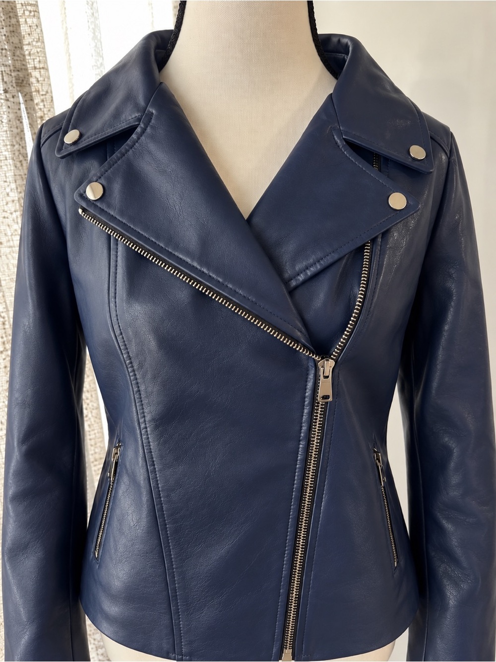 Chico's Slate Blue Faux Leather Moto Jacket